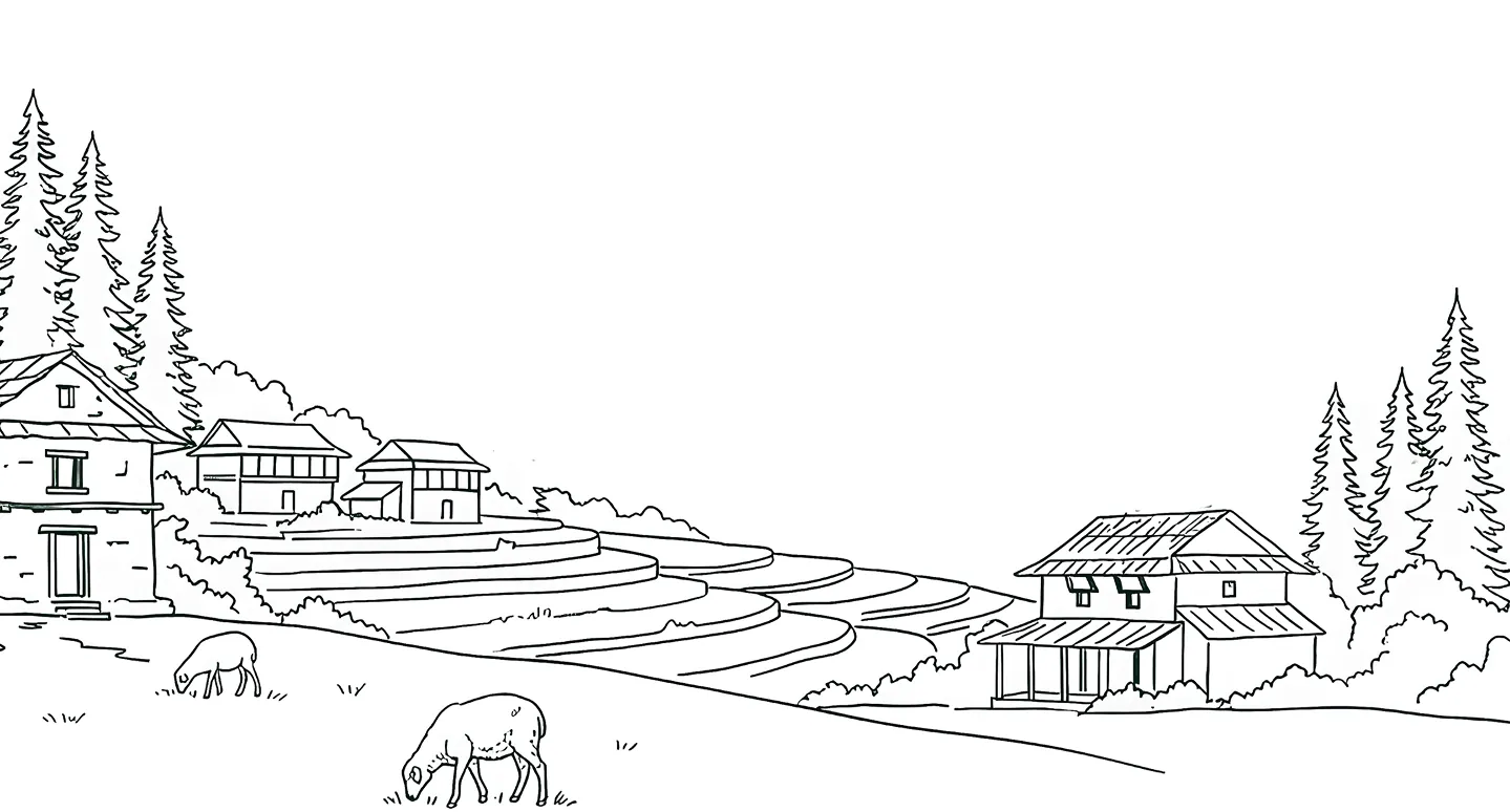 Himalayan landscape illustration with mountains, houses, and terraced fields